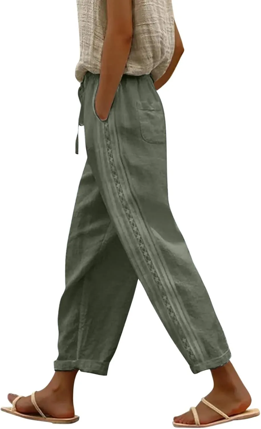 Pants for Women, Wide Leg Pants Casual Peasant Straight Linen Trendy Drawstring