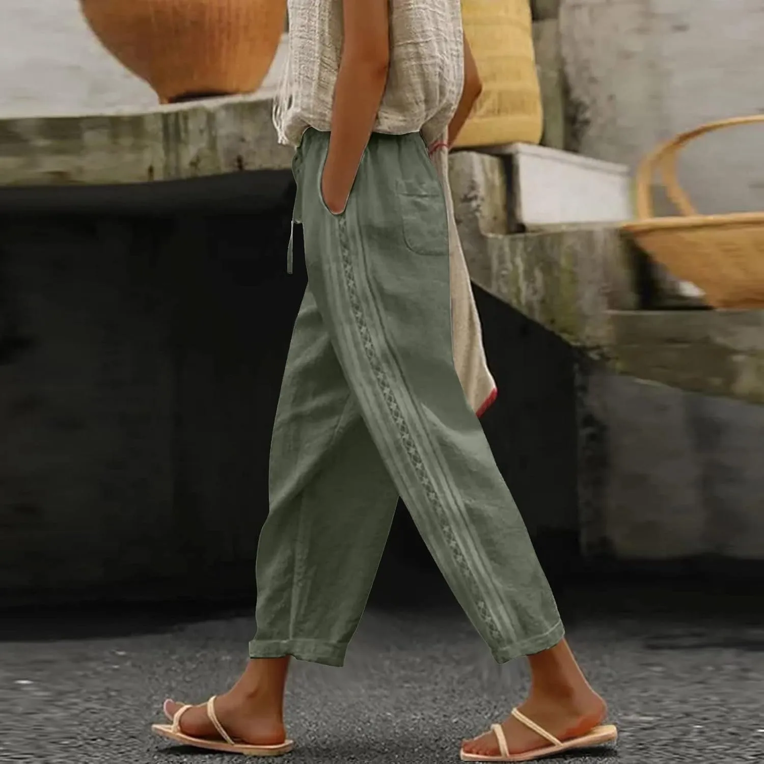 Pants for Women, Wide Leg Pants Casual Peasant Straight Linen Trendy Drawstring