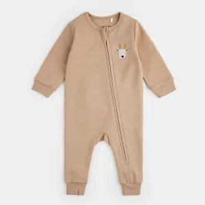 Petit Lem Littlest Reindeer On Taupe Fleece Playsuit | Sand