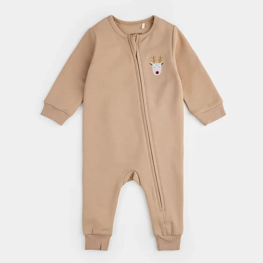 Petit Lem Littlest Reindeer On Taupe Fleece Playsuit | Sand