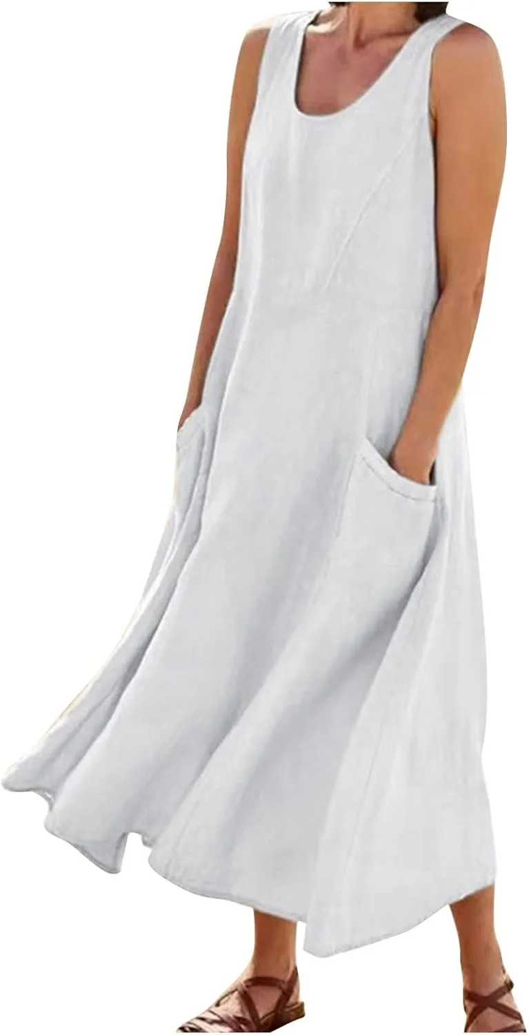 Plus Size Summer Dresses for Women 2025, Sleeveless Casual Cotten Linen Maxi Dress Hawaii Tropical Beach Tank Dress