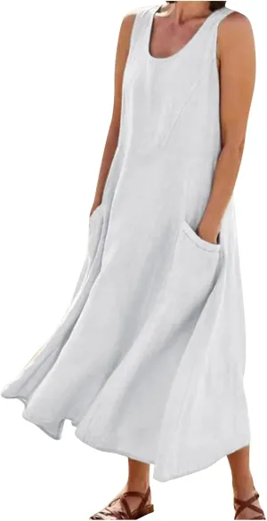 Plus Size Summer Dresses for Women 2025, Sleeveless Casual Cotten Linen Maxi Dress Hawaii Tropical Beach Tank Dress