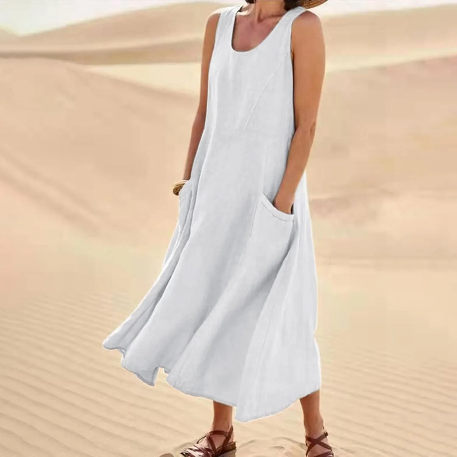 Plus Size Summer Dresses for Women 2025, Sleeveless Casual Cotten Linen Maxi Dress Hawaii Tropical Beach Tank Dress