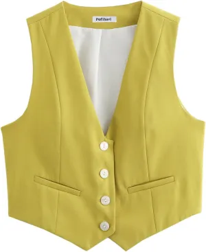 Pofihavi Cropped Suit Vest for Women 2024 Button Up Business Casual Dressy Waistcoat Vest Tops