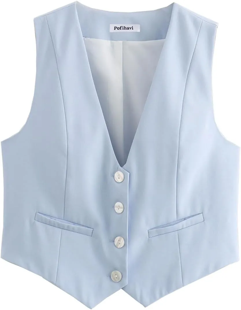 Pofihavi Cropped Suit Vest for Women 2024 Button Up Business Casual Dressy Waistcoat Vest Tops