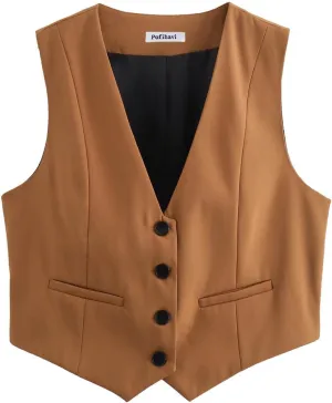 Pofihavi Cropped Suit Vest for Women 2024 Button Up Business Casual Dressy Waistcoat Vest Tops
