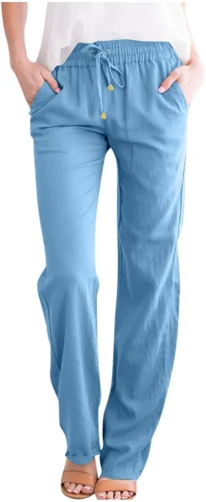 Prime Sales and Deals Today Clearance,Women's Drawstring Elastic High Waist Trousers Solid Casual Loose Wide Leg Pants with Pockets