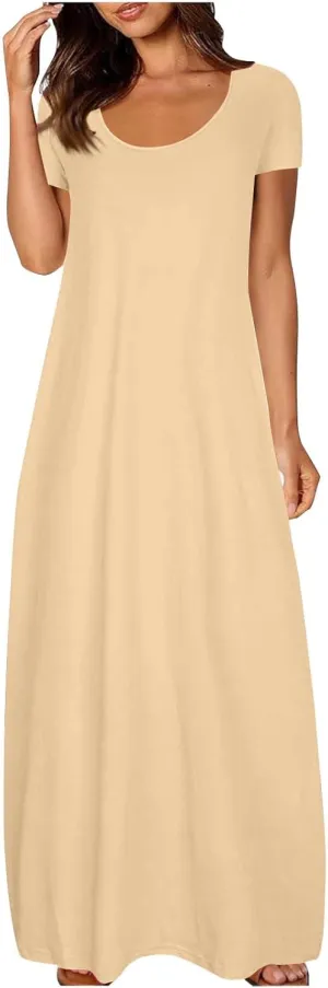 QIGUAND Women Basic Scoop Neck Maxi Dress Summer Soft Comfy Short Sleeve T-Shirt Dresses Plus Size Casual Baggy Kaftan Dress
