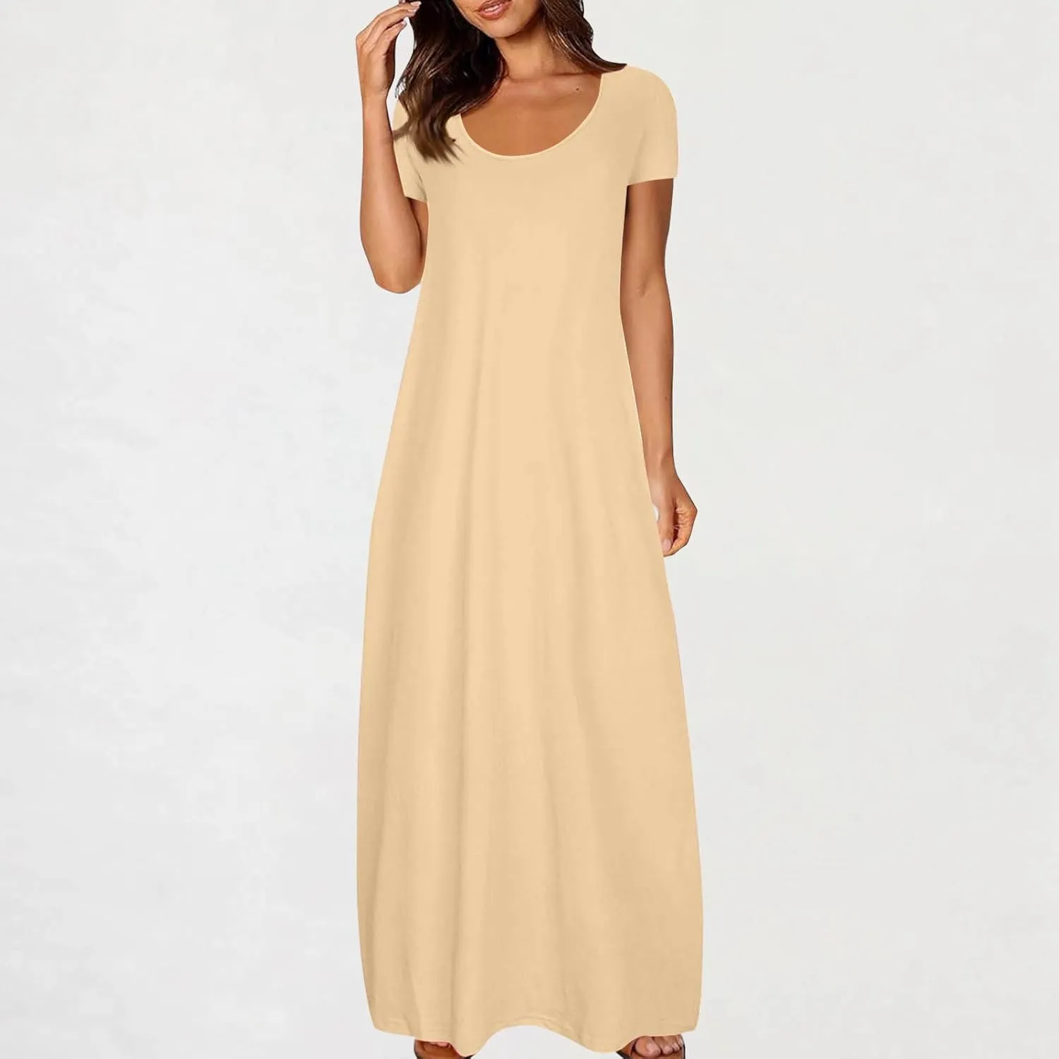 QIGUAND Women Basic Scoop Neck Maxi Dress Summer Soft Comfy Short Sleeve T-Shirt Dresses Plus Size Casual Baggy Kaftan Dress