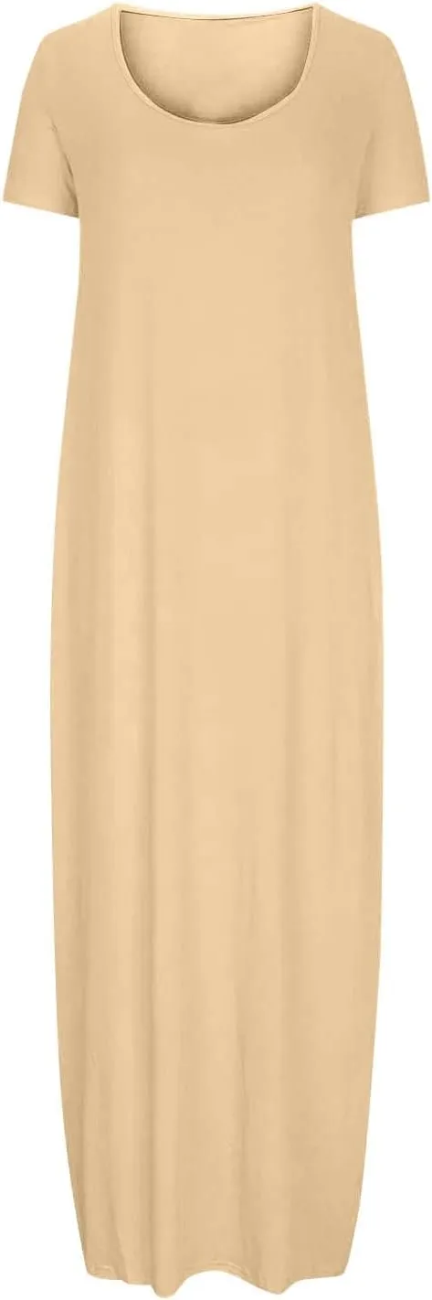QIGUAND Women Basic Scoop Neck Maxi Dress Summer Soft Comfy Short Sleeve T-Shirt Dresses Plus Size Casual Baggy Kaftan Dress