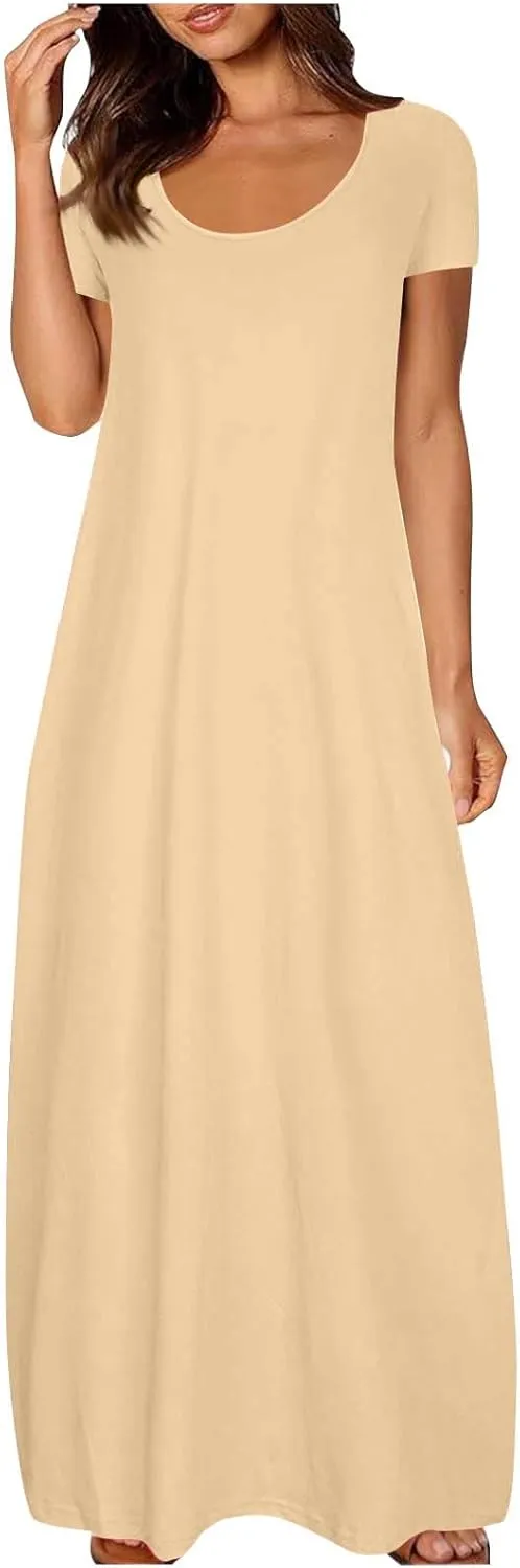 QIGUAND Women Basic Scoop Neck Maxi Dress Summer Soft Comfy Short Sleeve T-Shirt Dresses Plus Size Casual Baggy Kaftan Dress