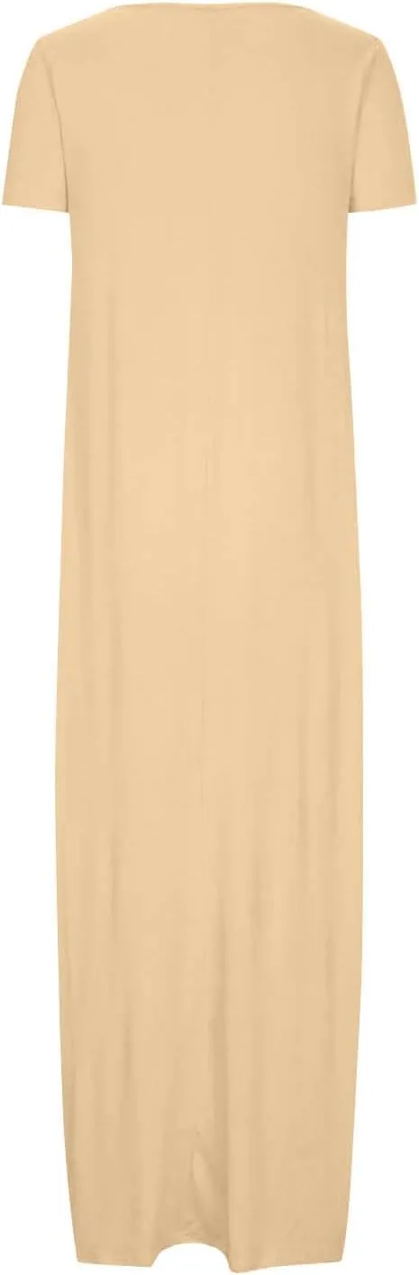 QIGUAND Women Basic Scoop Neck Maxi Dress Summer Soft Comfy Short Sleeve T-Shirt Dresses Plus Size Casual Baggy Kaftan Dress