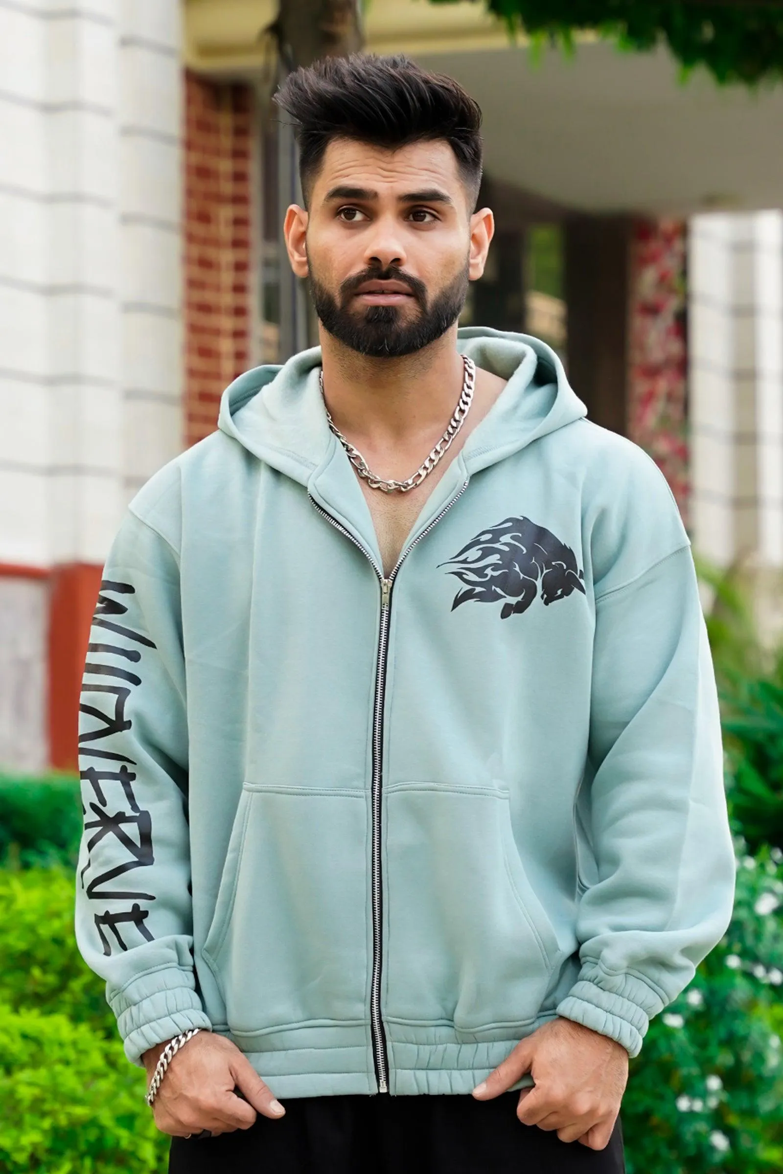 "Flaming Wild" Bull-Print Zip Hoodie (Light Green)
