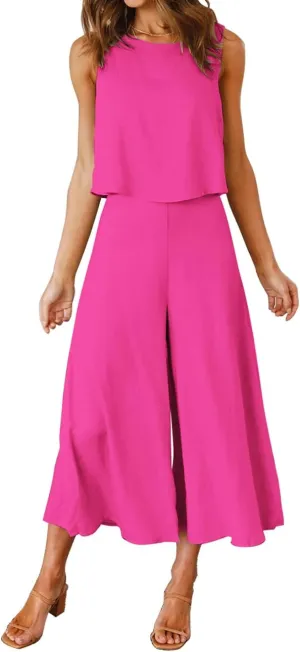 ROYLAMP Women's Summer 2 Piece Outfits Round Neck Crop Basic Top Cropped Wide Leg Pants Set Jumpsuits