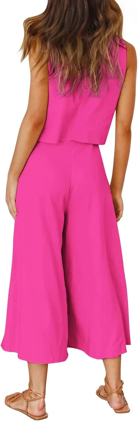 ROYLAMP Women's Summer 2 Piece Outfits Round Neck Crop Basic Top Cropped Wide Leg Pants Set Jumpsuits