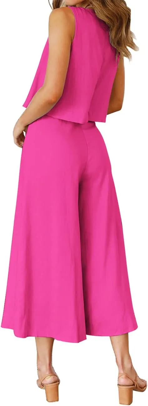 ROYLAMP Women's Summer 2 Piece Outfits Round Neck Crop Basic Top Cropped Wide Leg Pants Set Jumpsuits