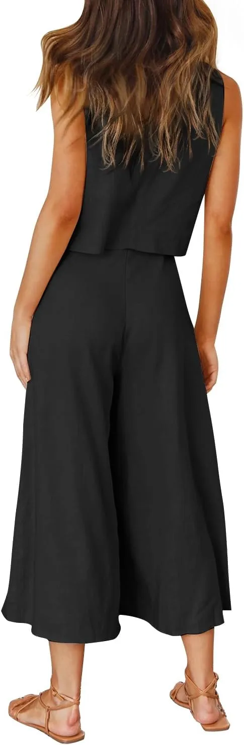 ROYLAMP Women's Summer 2 Piece Outfits Round Neck Crop Basic Top Cropped Wide Leg Pants Set Jumpsuits