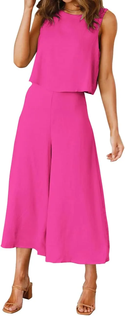 ROYLAMP Women's Summer 2 Piece Outfits Round Neck Crop Basic Top Cropped Wide Leg Pants Set Jumpsuits