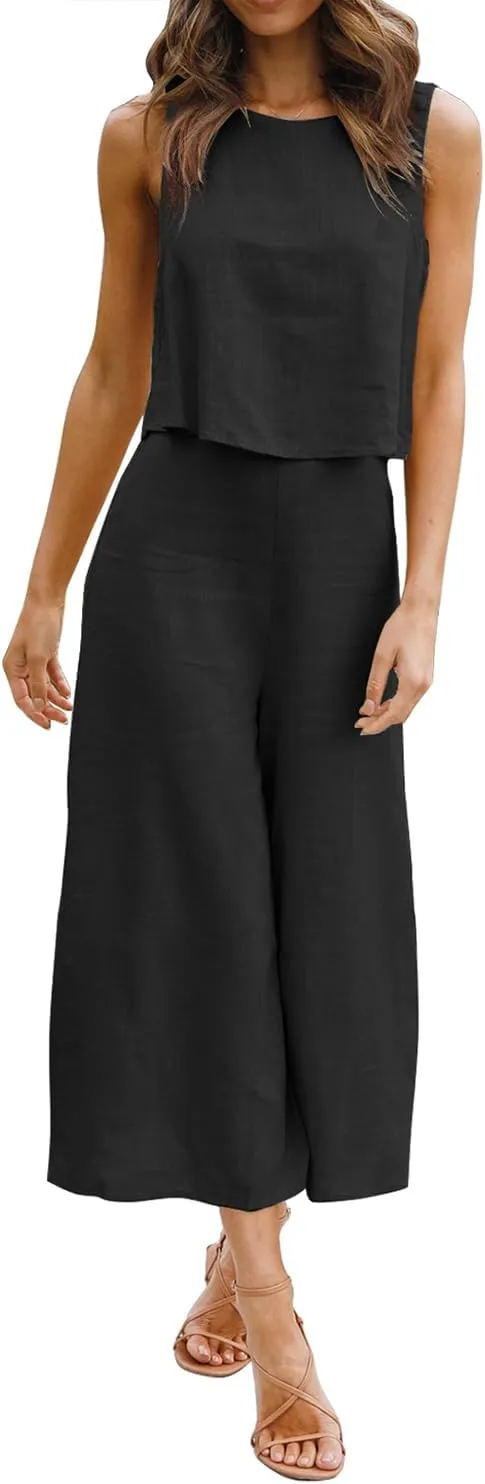 ROYLAMP Women's Summer 2 Piece Outfits Round Neck Crop Basic Top Cropped Wide Leg Pants Set Jumpsuits