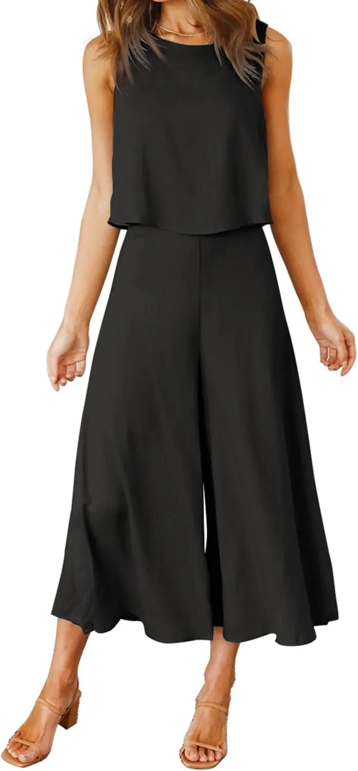 ROYLAMP Women's Summer 2 Piece Outfits Round Neck Crop Basic Top Cropped Wide Leg Pants Set Jumpsuits