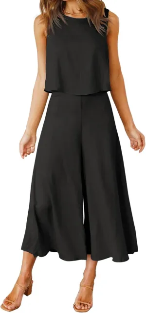 ROYLAMP Women's Summer 2 Piece Outfits Round Neck Crop Basic Top Cropped Wide Leg Pants Set Jumpsuits
