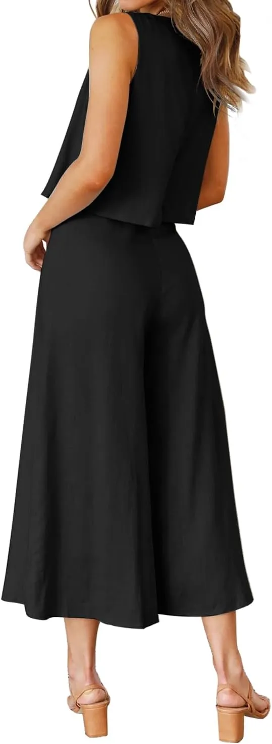 ROYLAMP Women's Summer 2 Piece Outfits Round Neck Crop Basic Top Cropped Wide Leg Pants Set Jumpsuits