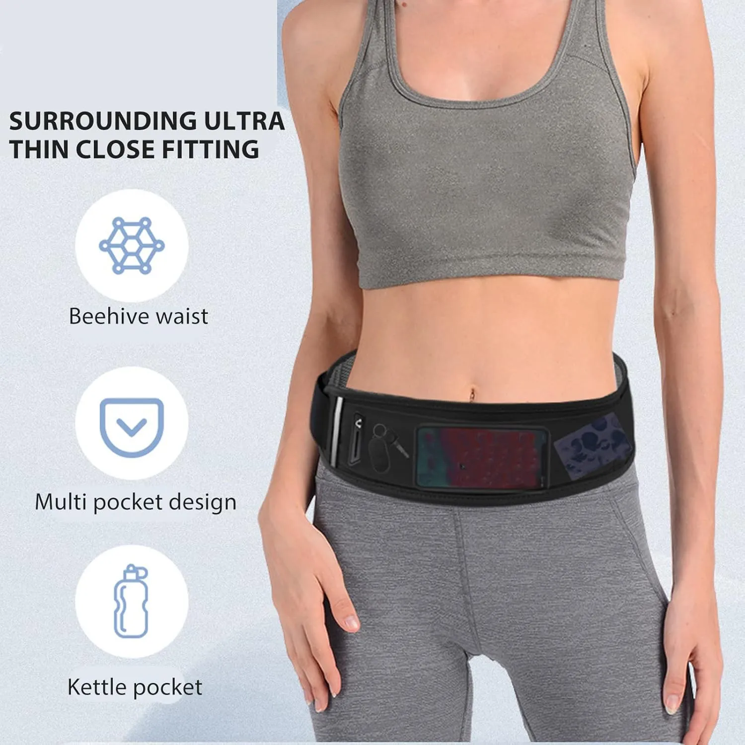 Running Waist Bag, Multi Independent Pockets Elastic Breathable Thin Light Jogging Waist Belt with Reflective Strip for Hiking Mountaineering Travel (Gray)