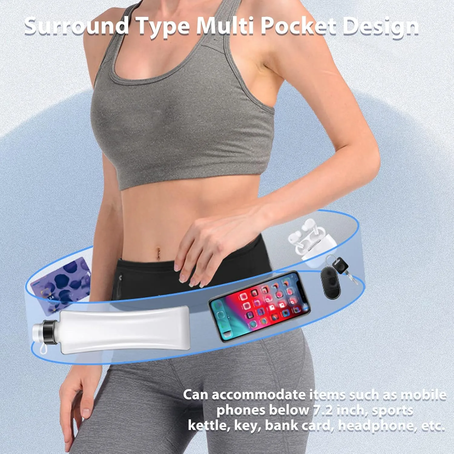 Running Waist Bag, Multi Independent Pockets Elastic Breathable Thin Light Jogging Waist Belt with Reflective Strip for Hiking Mountaineering Travel (Gray)