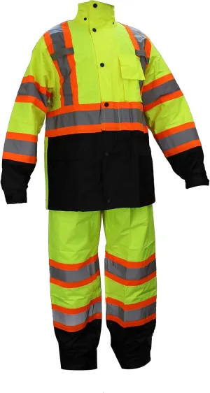 RW-CLA3-TLM55 AND OR77 Class 3 Rain suit, Jacket, Pants High Visibility Reflective Black Bottom