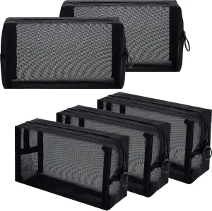 Sadnyy 5 Pieces Mesh Makeup Bag Portable Travel Cosmetic Bag Black Breathable Mesh Zipper Pouch for Home Offices Travel Accessories Organizer(8.3 x 4.7 x 3.1 Inch)