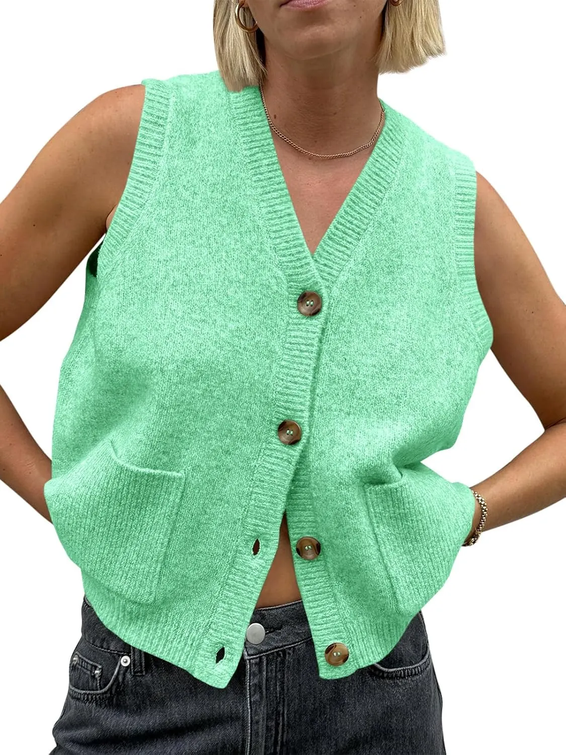 Saodimallsu Womens Sleeveless Sweater Vest Button V Neck Knit Trendy Casual Summer Cardigan with Pockets