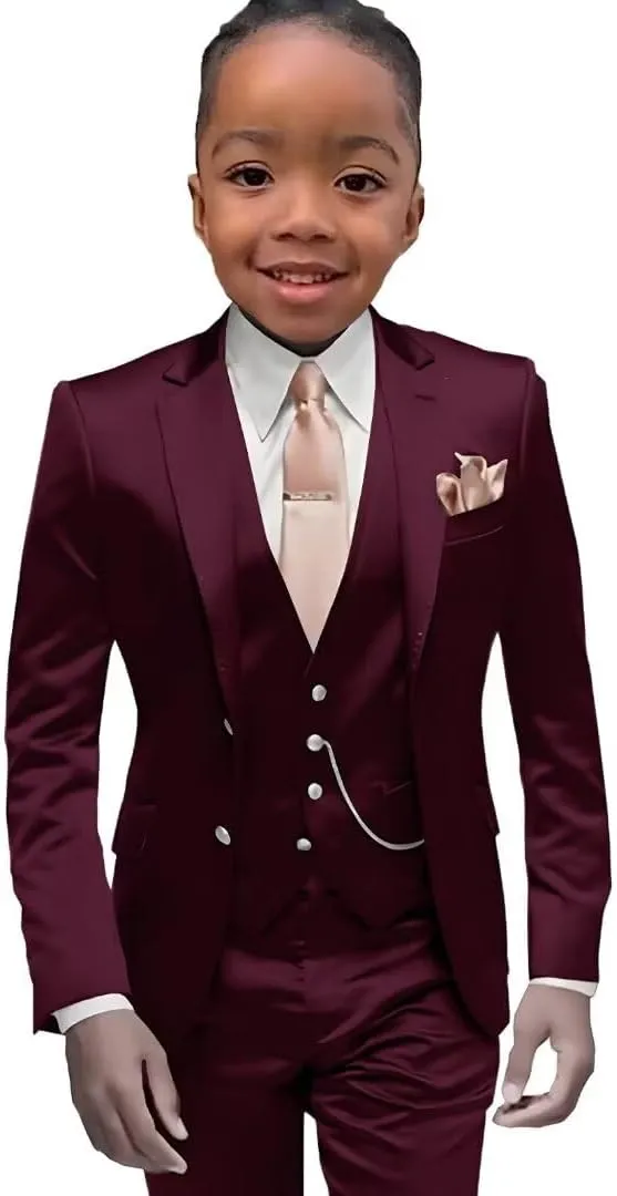 SAROULU Slim Fit Satin Boys Suit, 3 Pieces Kids Boy's Tuxedo Wedding Party Outfits