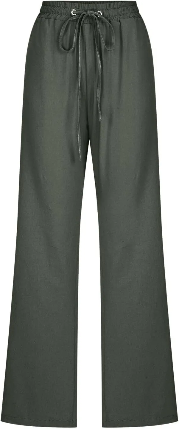 sdbrld Linen Pants Women,Women's 2025 Casual Linen High Waist Pants Drawstring Loose Fit Summer Pants Trousers with Pockets