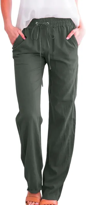 sdbrld Linen Pants Women,Women's 2025 Casual Linen High Waist Pants Drawstring Loose Fit Summer Pants Trousers with Pockets