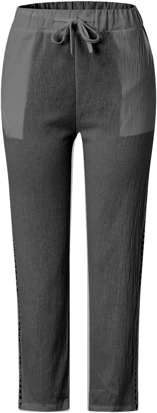 sdbrld Womens Capri Pants Linen Cropped Cotton Trousers Summer Wide Leg Hollowed High Waisted Palazzo Pants with Pockets