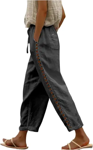 sdbrld Womens Capri Pants Linen Cropped Cotton Trousers Summer Wide Leg Hollowed High Waisted Palazzo Pants with Pockets
