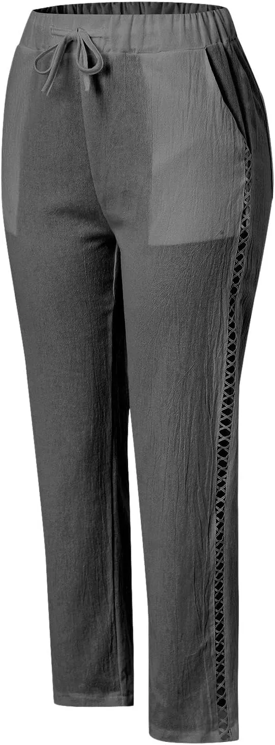 sdbrld Womens Capri Pants Linen Cropped Cotton Trousers Summer Wide Leg Hollowed High Waisted Palazzo Pants with Pockets