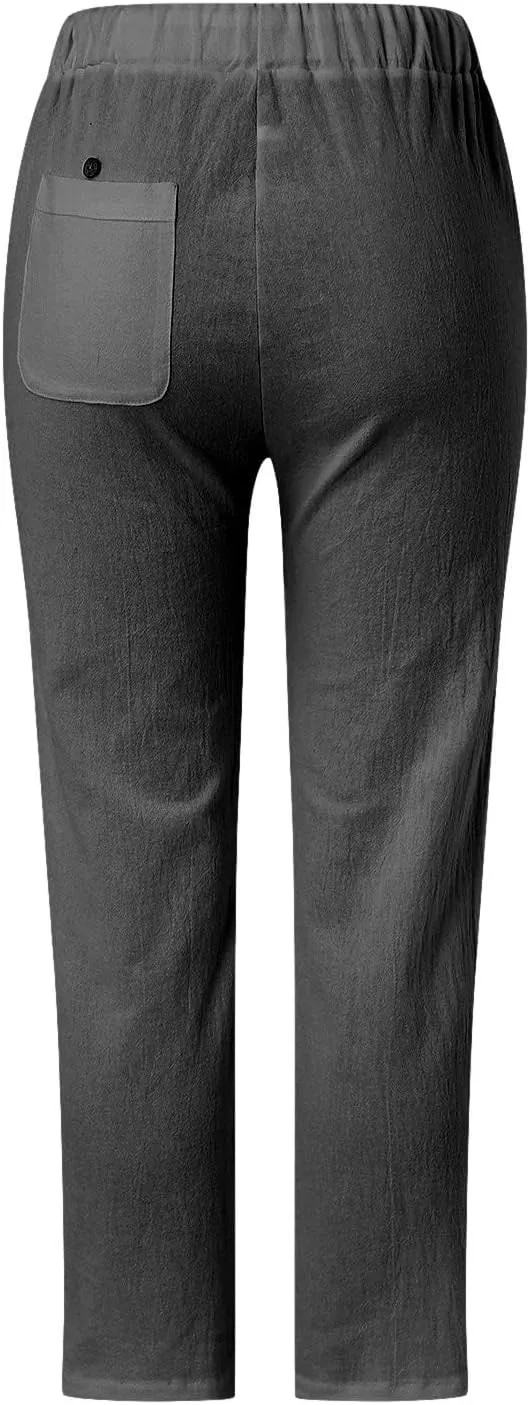 sdbrld Womens Capri Pants Linen Cropped Cotton Trousers Summer Wide Leg Hollowed High Waisted Palazzo Pants with Pockets