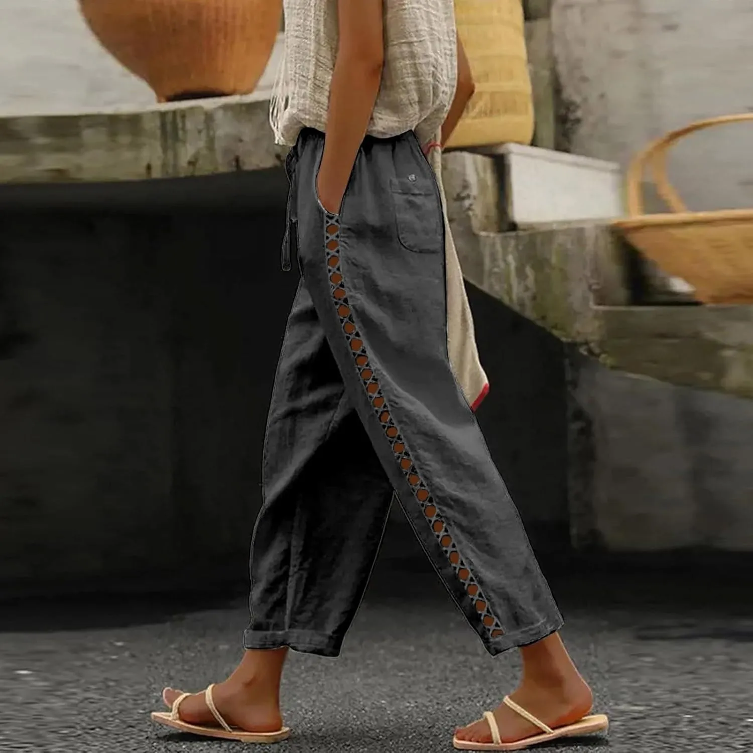 sdbrld Womens Capri Pants Linen Cropped Cotton Trousers Summer Wide Leg Hollowed High Waisted Palazzo Pants with Pockets