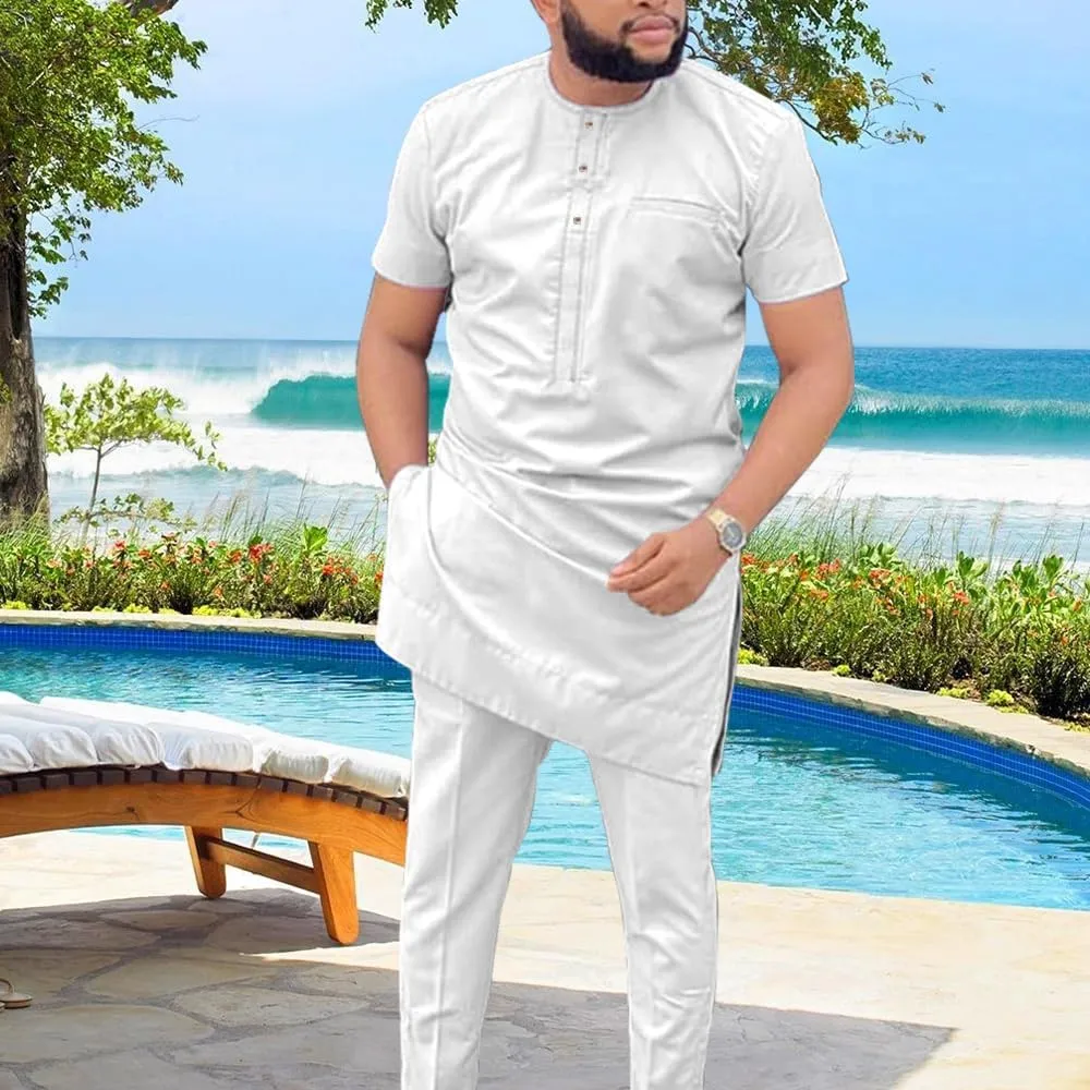 SEA&ALP African Mens Clothing Shirt Pant Two Piece Suit Short Sleeve Outfit Dashiki Tracksuit Attire