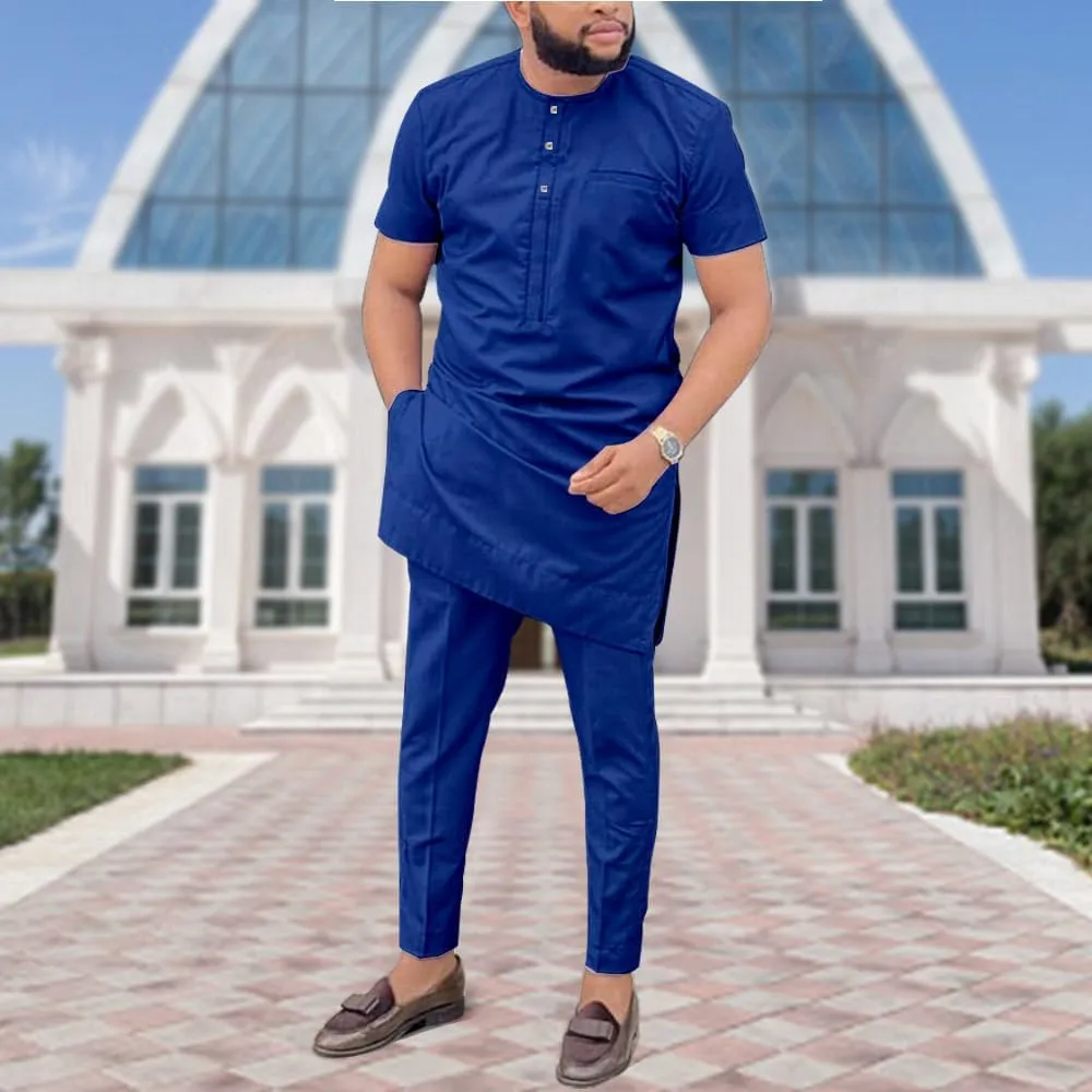 SEA&ALP African Mens Clothing Shirt Pant Two Piece Suit Short Sleeve Outfit Dashiki Tracksuit Attire