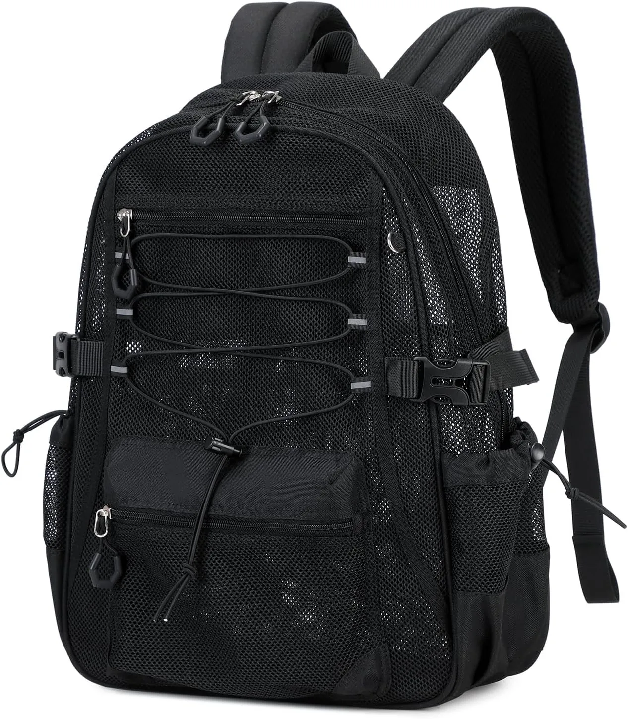 See Through Mesh Backpack for School, Heavy Duty Net Bookbag with Elastic Rope & 3D Padded Straps, Breathable Backpack for Beach, Swimming, Sports, Black Transparent Backpacks