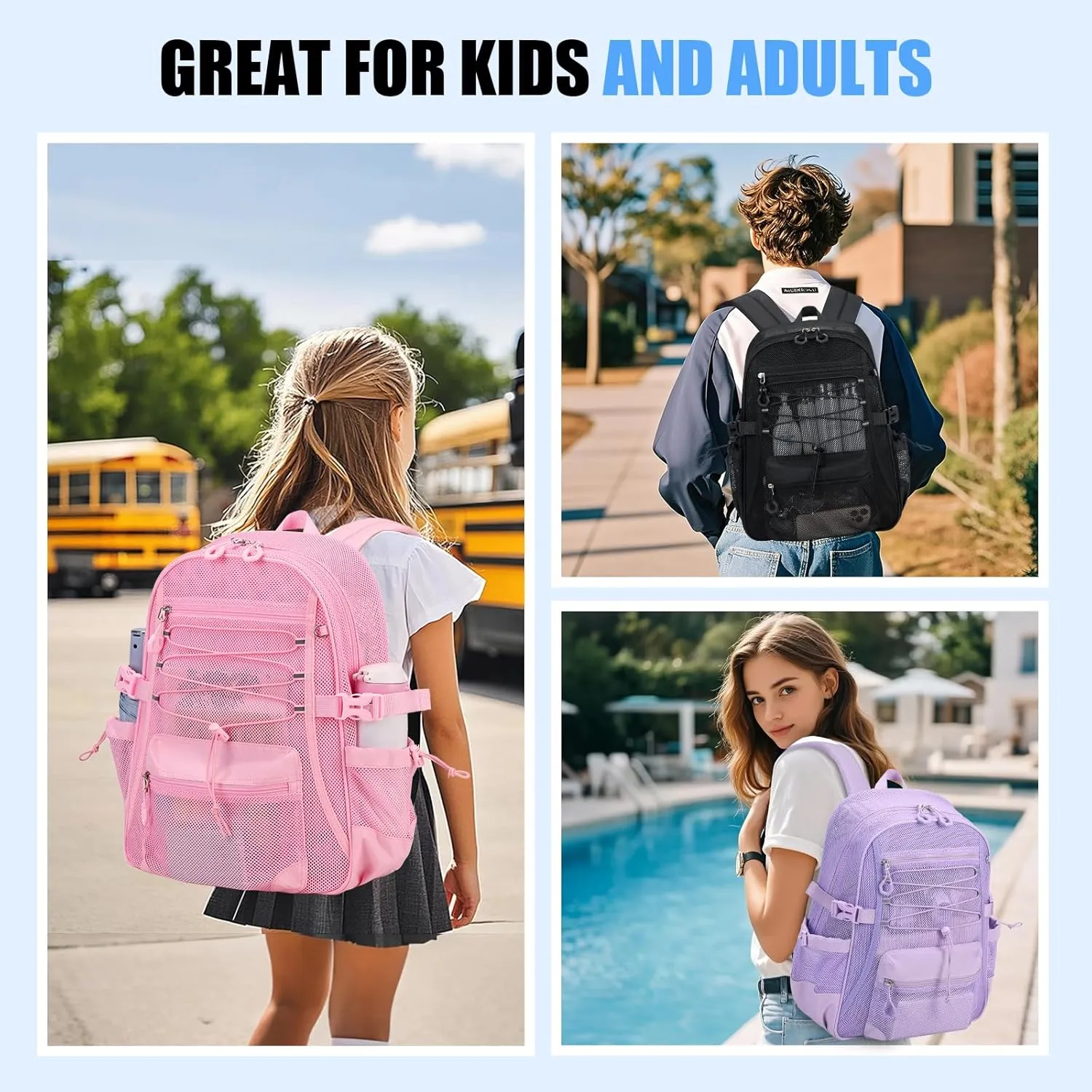See Through Mesh Backpack for School, Heavy Duty Net Bookbag with Elastic Rope & 3D Padded Straps, Breathable Backpack for Beach, Swimming, Sports, Black Transparent Backpacks