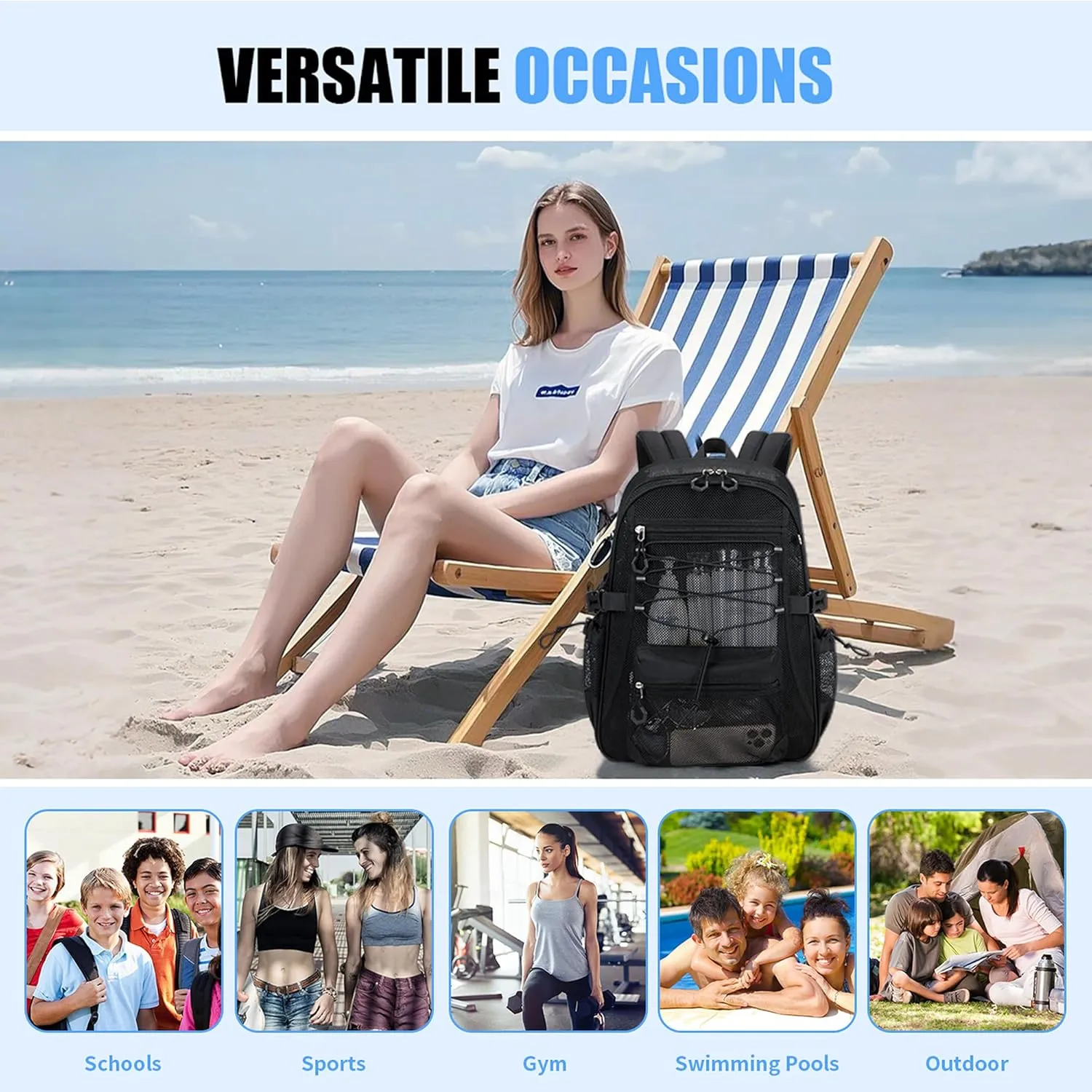See Through Mesh Backpack for School, Heavy Duty Net Bookbag with Elastic Rope & 3D Padded Straps, Breathable Backpack for Beach, Swimming, Sports, Black Transparent Backpacks