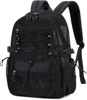 See Through Mesh Backpack for School, Heavy Duty Net Bookbag with Elastic Rope & 3D Padded Straps, Breathable Backpack for Beach, Swimming, Sports, Black Transparent Backpacks