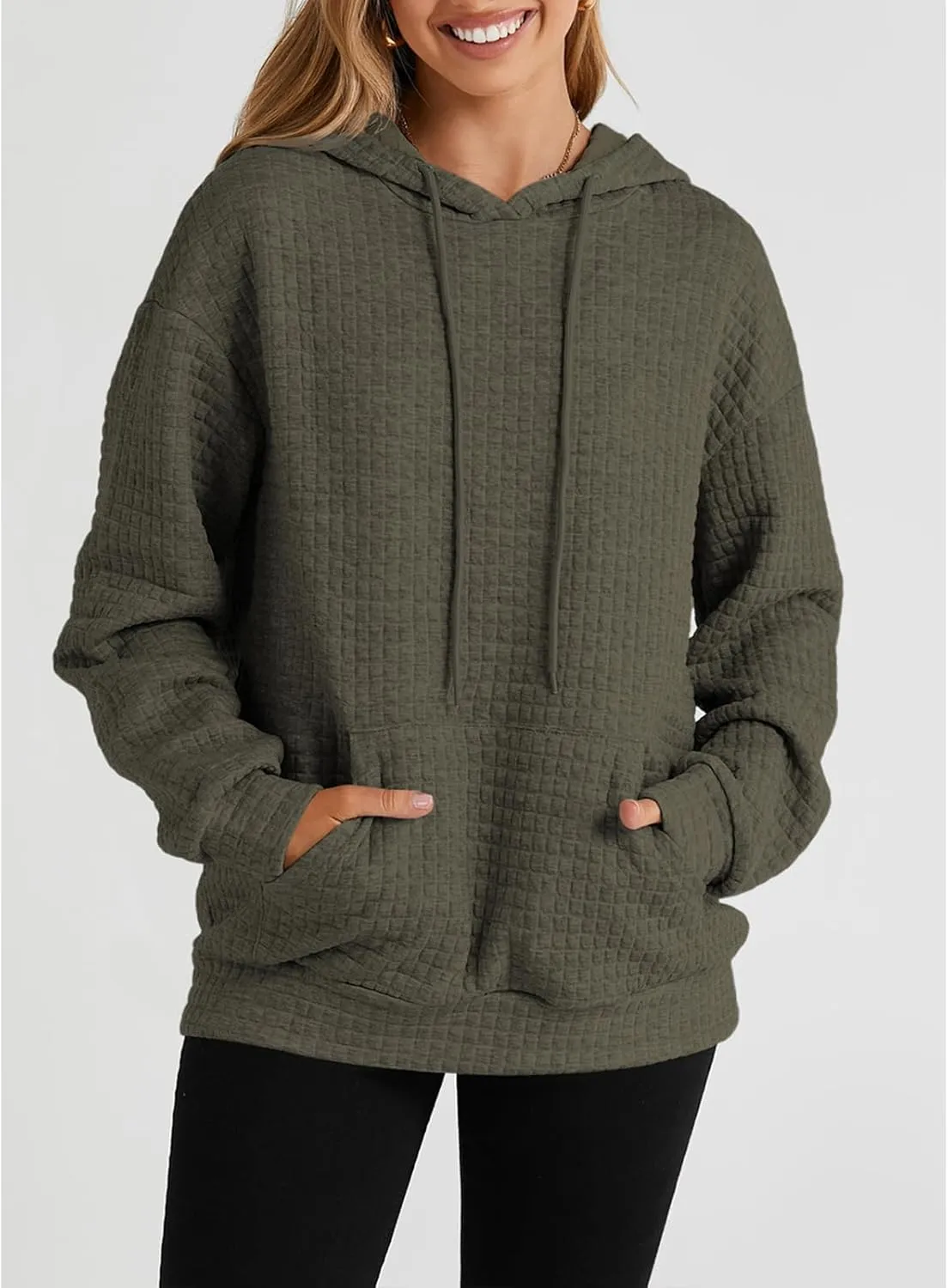 SELINK Hoodies For Women Casual Pullover Waffle Long Sleeve Drawstring Hooded Sweatshirt with Pocket