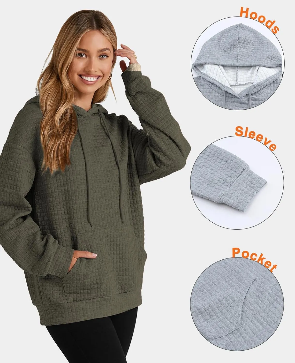 SELINK Hoodies For Women Casual Pullover Waffle Long Sleeve Drawstring Hooded Sweatshirt with Pocket