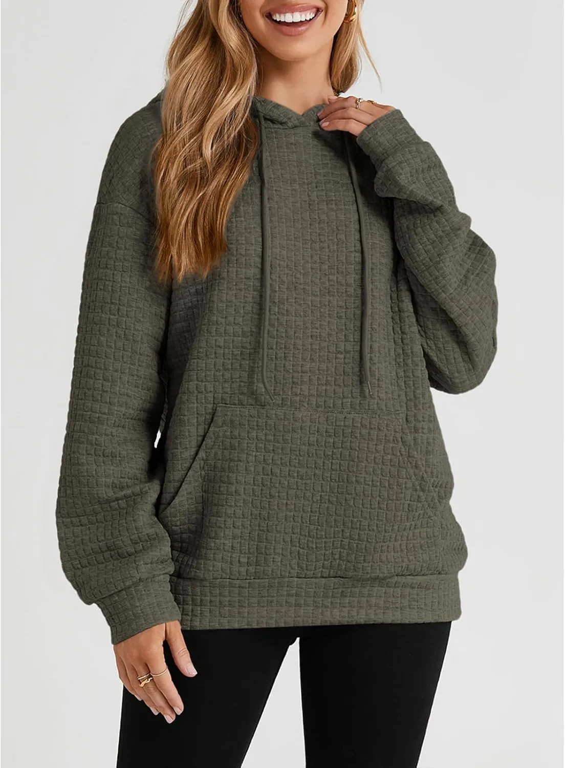 SELINK Hoodies For Women Casual Pullover Waffle Long Sleeve Drawstring Hooded Sweatshirt with Pocket