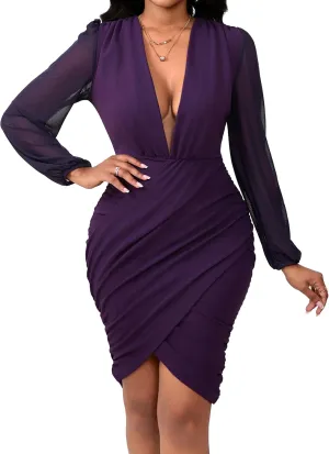 SeNight Women's Dress Sexy V Neck Dresses Bodycon Mesh Long Sleeve Breathable Mini Pencil Clubwear for Evening Party