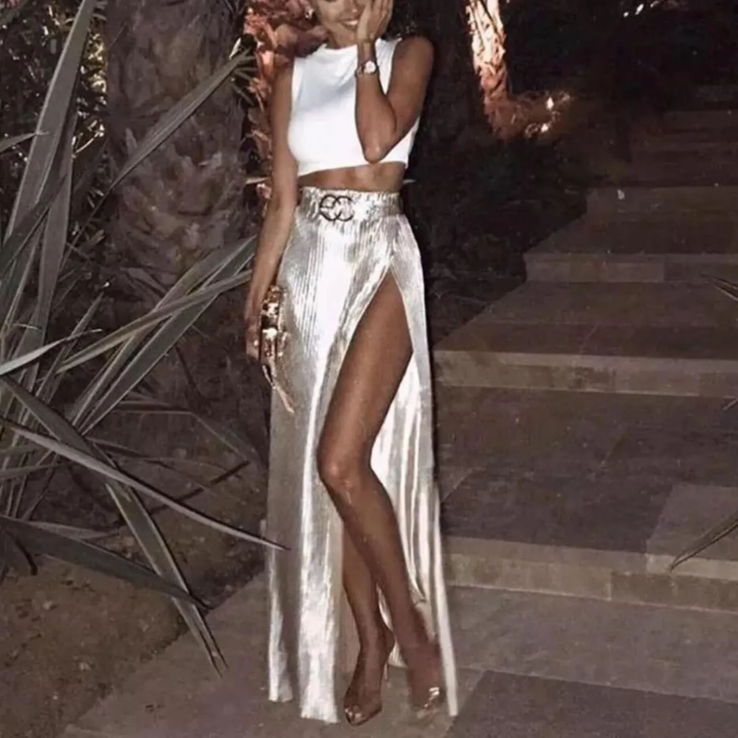 Sequin Midi Skirt for Women 2024 Elegant Sparkle Side Slit Pencil Skirts Cocktail Party Pencil High Waist Skirt